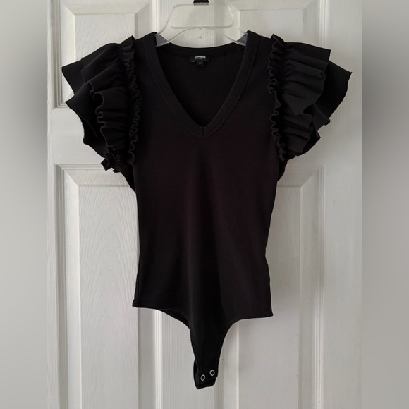 Express Tops - Express Black Ruffle Sleeve V-Neck Bodysuit